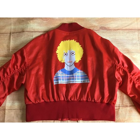 Max Martin Red Satiny Cropped Bomber Jacket Sz L - Picture 11 of 12